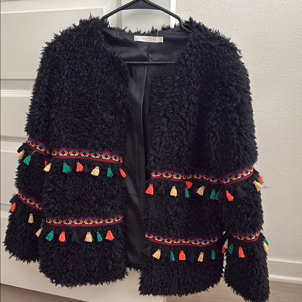 Black and Red Teddy Jacket with Colorful Tassels